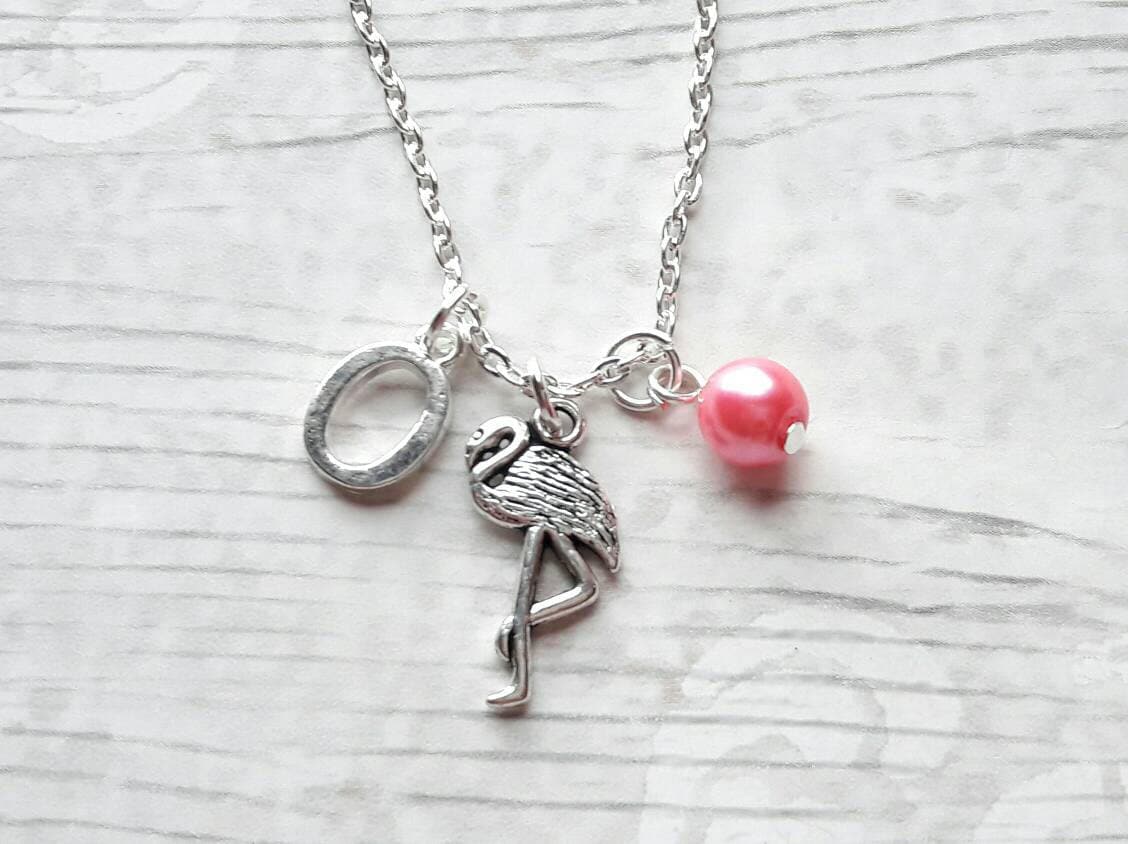 Flamingo necklace, personalised initial jewellery, tropical bird jewelry, summer accessory, animal lover present, gifts for girls