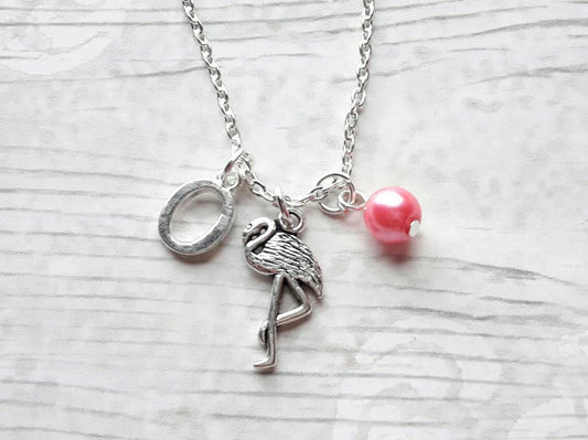 Flamingo necklace, personalised initial jewellery, tropical bird jewelry, summer accessory, animal lover present, gifts for girls