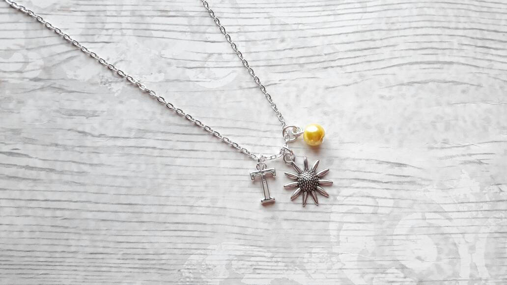 Sunflower necklace, initial jewellery, flower jewelry, personalised summer gift, floral letter necklace