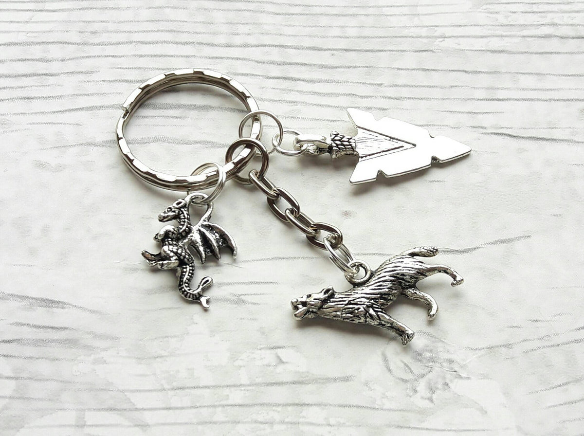 dragon and wolf keyring, arrowhead keychain, arrow keyring, wolf bagcharm, medieval keychain, viking bag charm, gifts for her, gifts for him