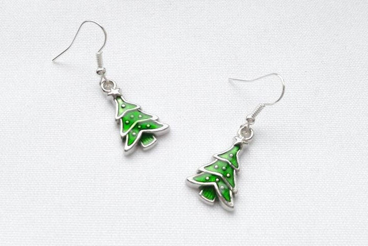 Christmas tree earrings, xmas tree jewellery, fun festive jewellery, stocking filler, holiday jewellery for kids