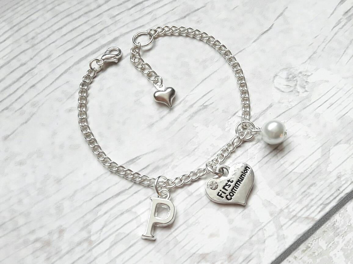 First communion bracelet, holy communion jewelry, initial gift, thankyou jewellery, personalised charm bracelet, religious jewellery