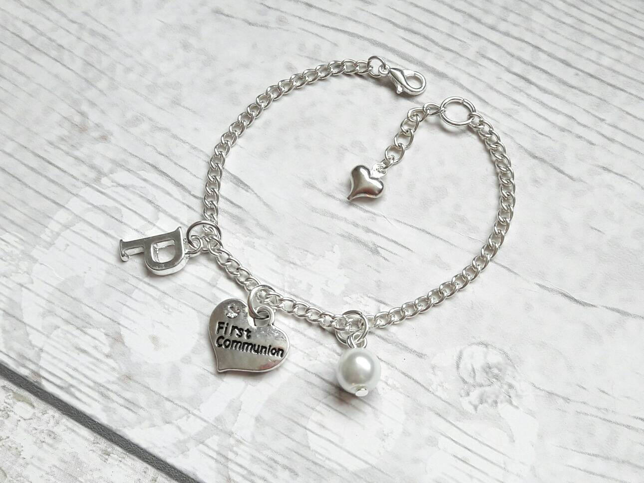 First communion bracelet, holy communion jewelry, initial gift, thankyou jewellery, personalised charm bracelet, religious jewellery
