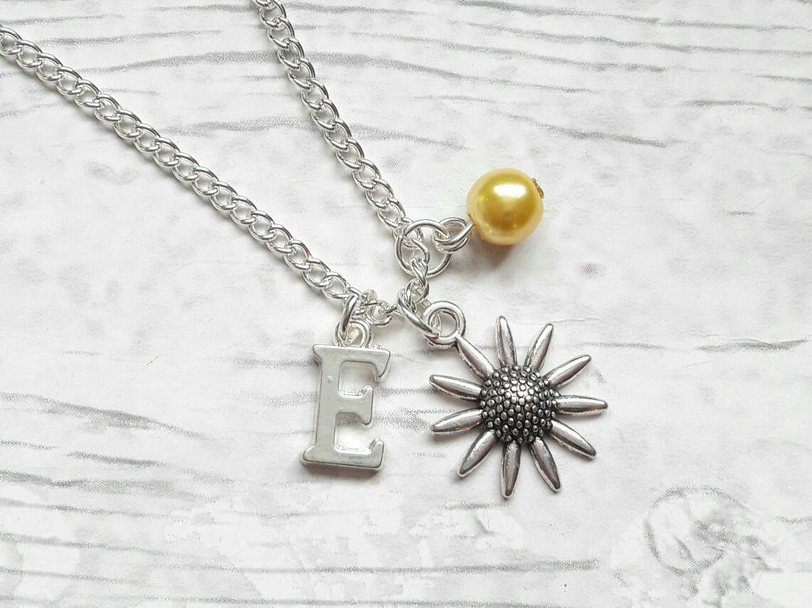 Sunflower necklace, initial jewellery, flower jewelry, personalised summer gift, floral letter necklace