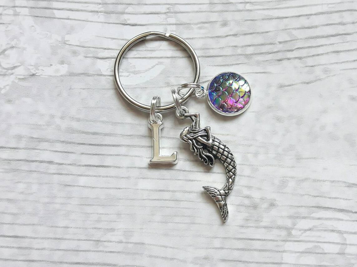 Mermaid keyring, mermaids scales keychain, personalised bag charm, lover of mermaids, initial keyring, gift for mothers day, name present