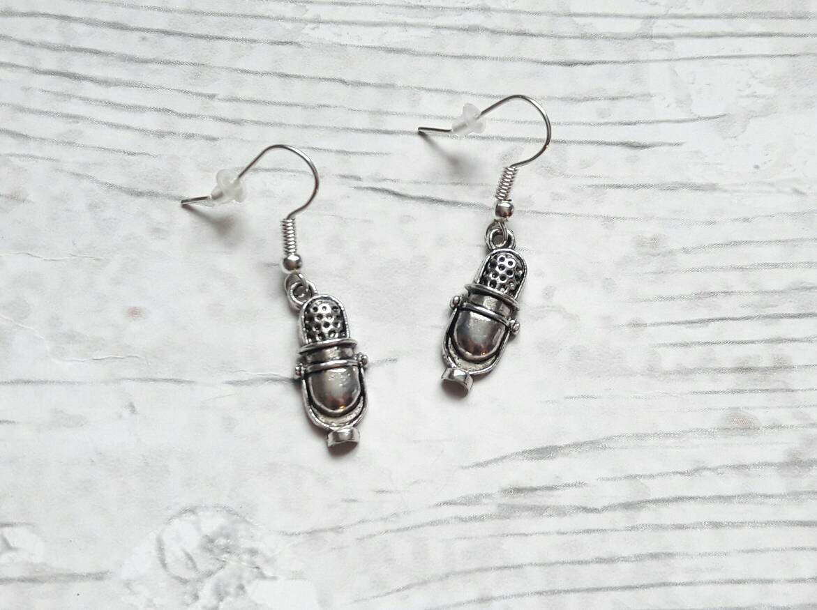 vintage microphone earrings, mic earrings, musician earrings, singer earrings, teacher gift, end of term present, thankyou gift