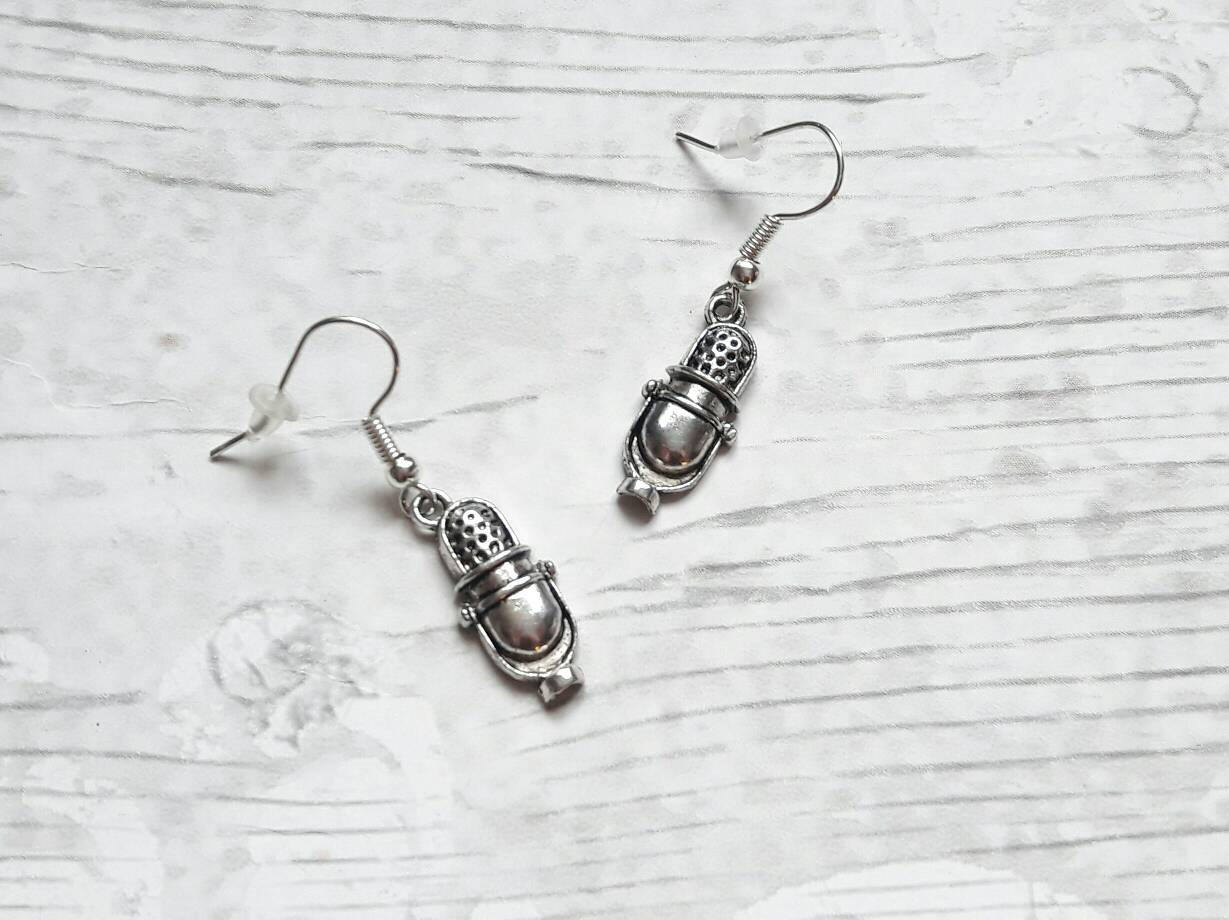 vintage microphone earrings, mic earrings, musician earrings, singer earrings, teacher gift, end of term present, thankyou gift