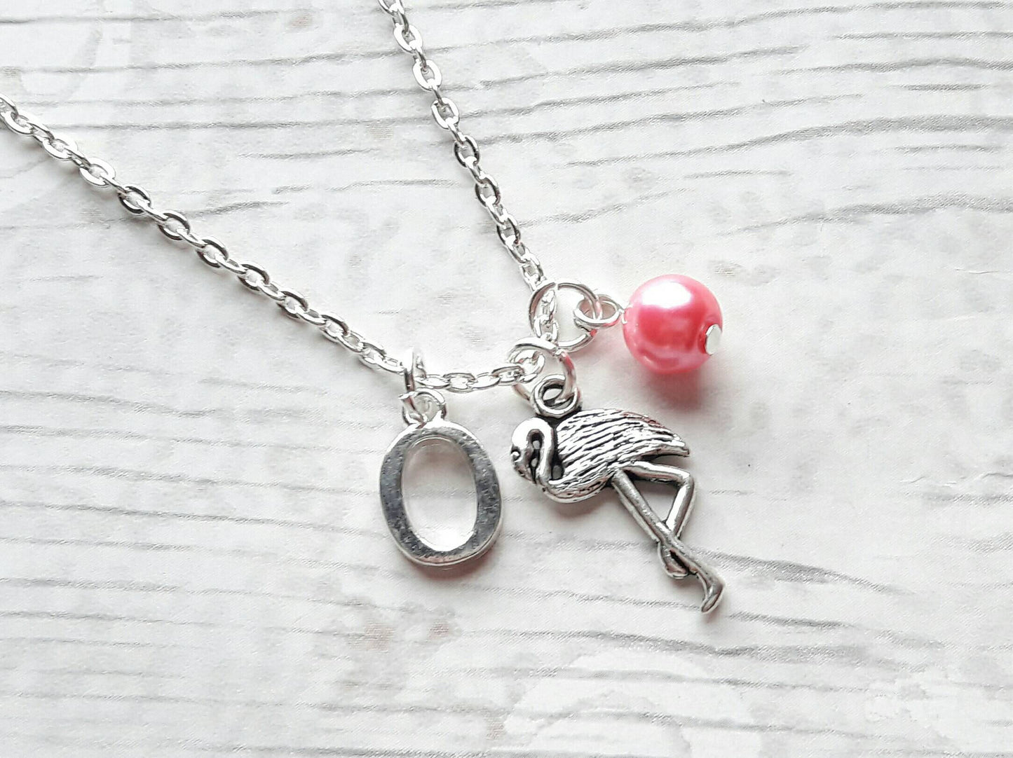 Flamingo necklace, personalised initial jewellery, tropical bird jewelry, summer accessory, animal lover present, gifts for girls