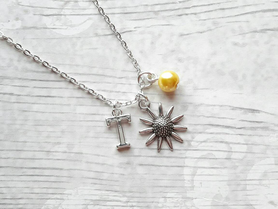 Sunflower necklace, initial jewellery, flower jewelry, personalised summer gift, floral letter necklace