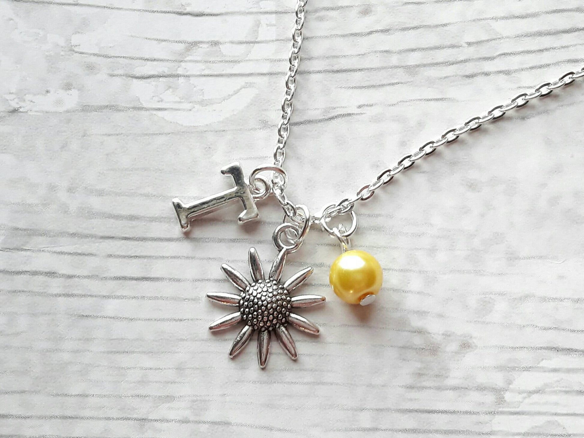 Sunflower necklace, initial jewellery, flower jewelry, personalised summer gift, floral letter necklace