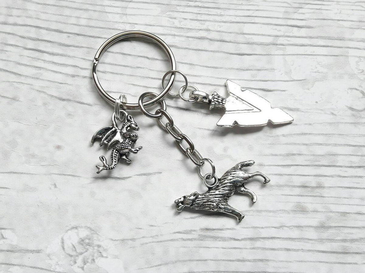 dragon and wolf keyring, arrowhead keychain, arrow keyring, wolf bagcharm, medieval keychain, viking bag charm, gifts for her, gifts for him