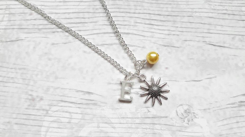Sunflower necklace, initial jewellery, flower jewelry, personalised summer gift, floral letter necklace