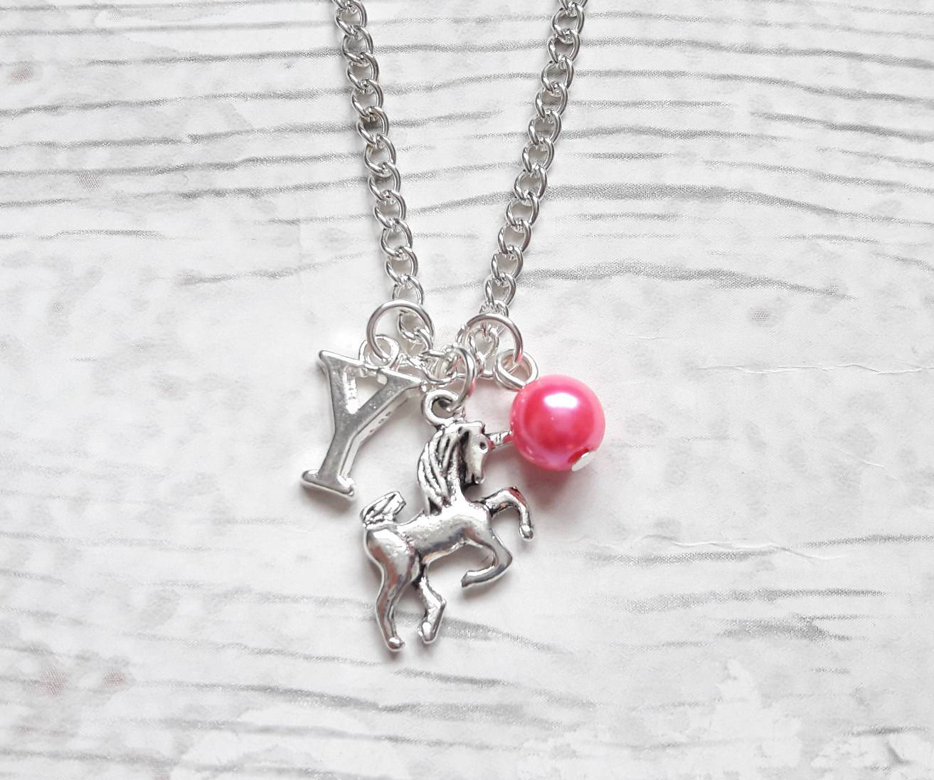 Personalised Unicorn necklace, mythical horse jewelry, initial jewellery, alphabet letter necklace, birthstone fairytale necklace