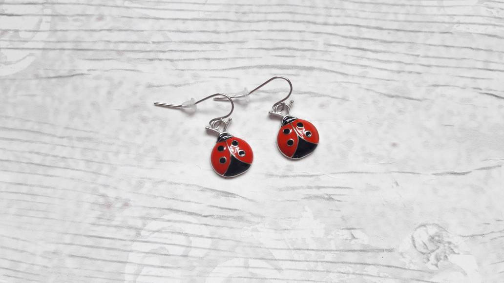 Ladybird earrings, enamel ladybug jewellery, bug jewellery, charm jewelry, silver enamel charm earrings, insect jewellery, christmas present