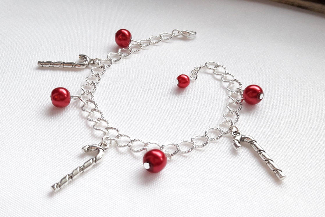 Candy cane bracelet, charm bracelet, christmas jewellery, winter jewelry, stocking filler, Xmas bracelet, gifts for kids