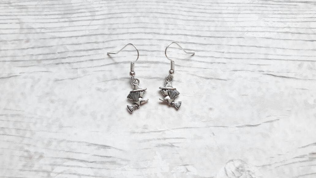 Witch earrings, gothic earrings, halloween jewellery, goth jewelry, costume earrings, spooky gift, witches broomstick, hocus pocus present