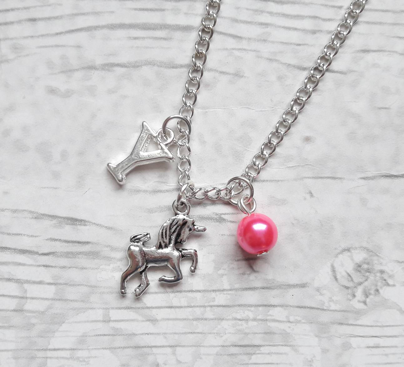 Personalised Unicorn necklace, mythical horse jewelry, initial jewellery, alphabet letter necklace, birthstone fairytale necklace