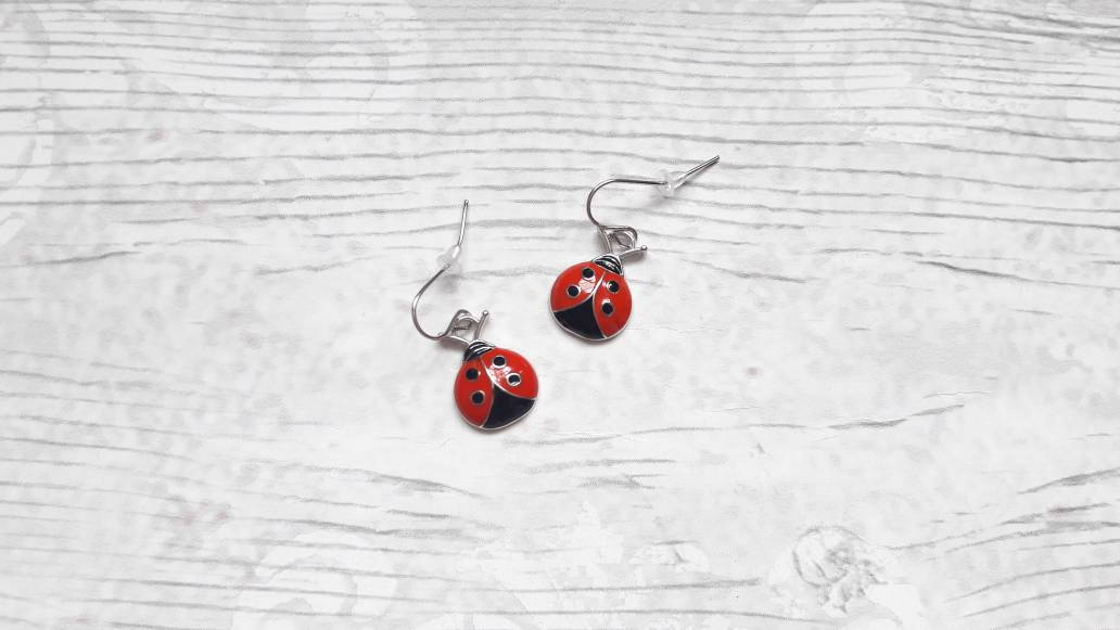 Ladybird earrings, enamel ladybug jewellery, bug jewellery, charm jewelry, silver enamel charm earrings, insect jewellery, christmas present