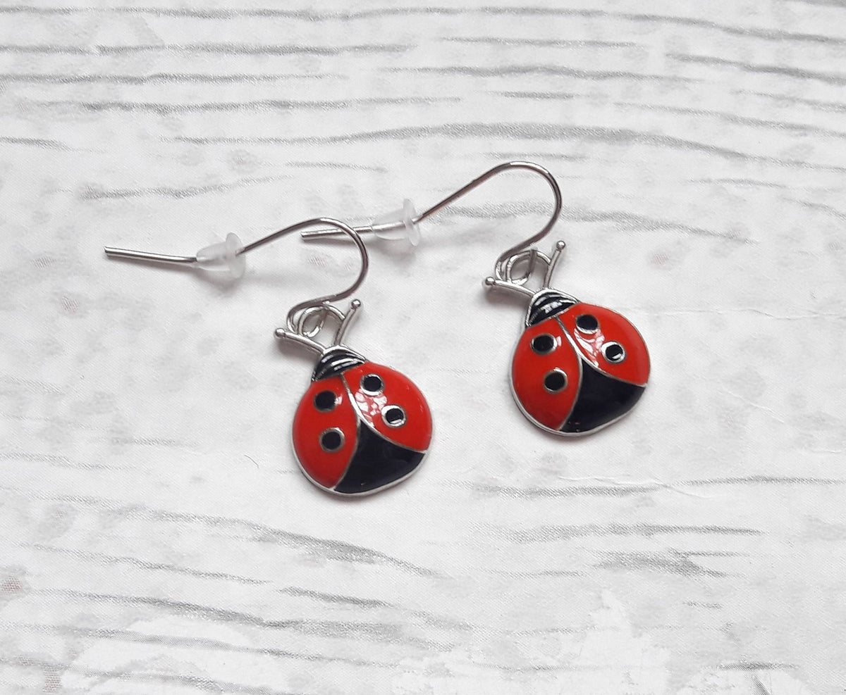 Ladybird earrings, enamel ladybug jewellery, bug jewellery, charm jewelry, silver enamel charm earrings, insect jewellery, christmas present