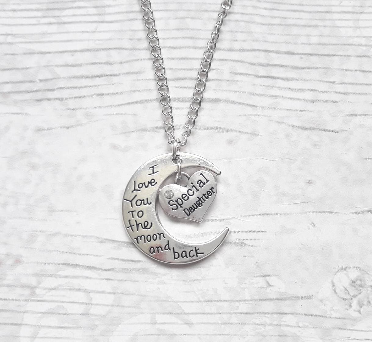 love you to the moon and back necklace, crescent moon jewellery, Luna children's necklace, night sky memorial jewelry
