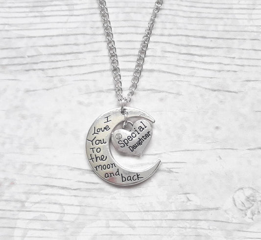 love you to the moon and back necklace, crescent moon jewellery, Luna children's necklace, night sky memorial jewelry