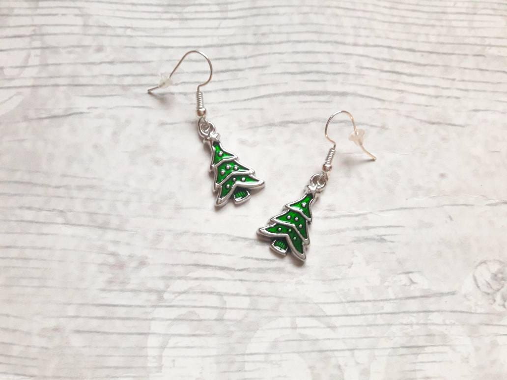 Christmas tree earrings, xmas tree jewellery, fun festive jewellery, stocking filler, holiday jewellery for kids