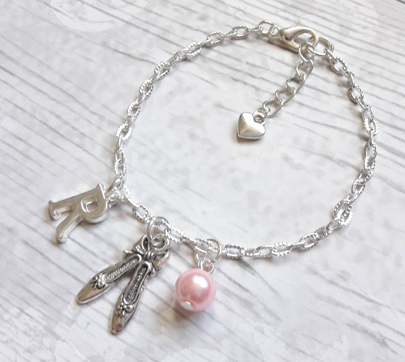 Ballet shoe bracelet, ballerina slipper jewellery, dance jewelry, personalised present, initial bracelet, dancer present, gifts for girls