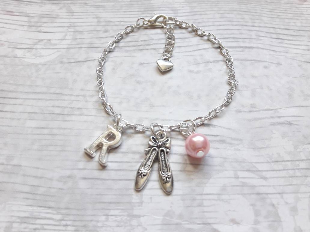 Ballet shoe bracelet, ballerina slipper jewellery, dance jewelry, personalised present, initial bracelet, dancer present, gifts for girls