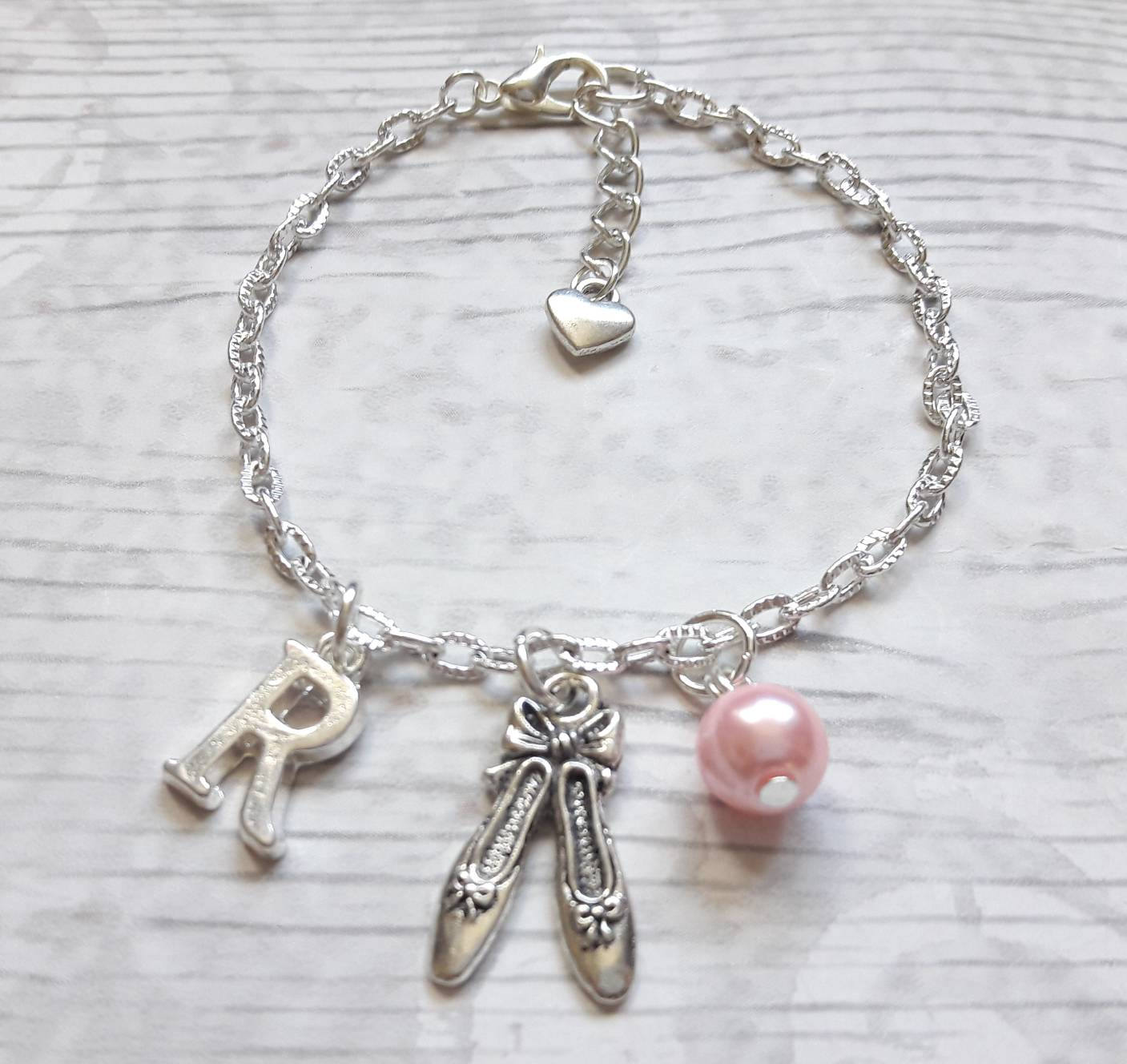Ballet shoe bracelet, ballerina slipper jewellery, dance jewelry, personalised present, initial bracelet, dancer present, gifts for girls