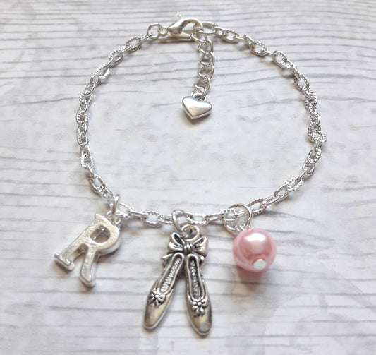 Ballet shoe bracelet, ballerina slipper jewellery, dance jewelry, personalised present, initial bracelet, dancer present, gifts for girls