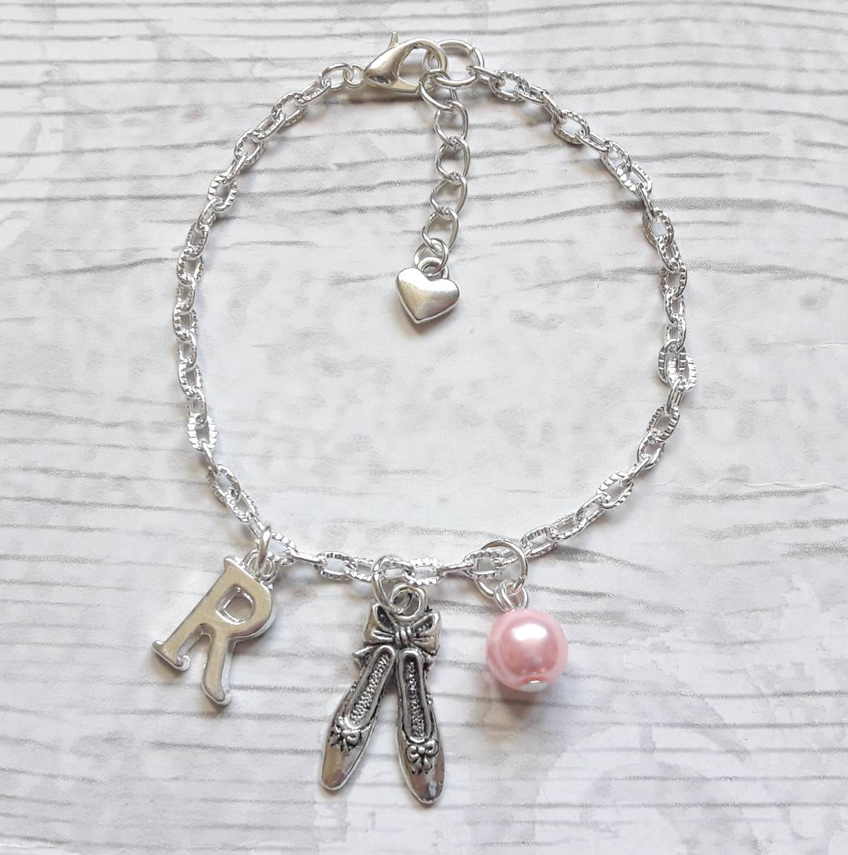 Ballet shoe bracelet, ballerina slipper jewellery, dance jewelry, personalised present, initial bracelet, dancer present, gifts for girls