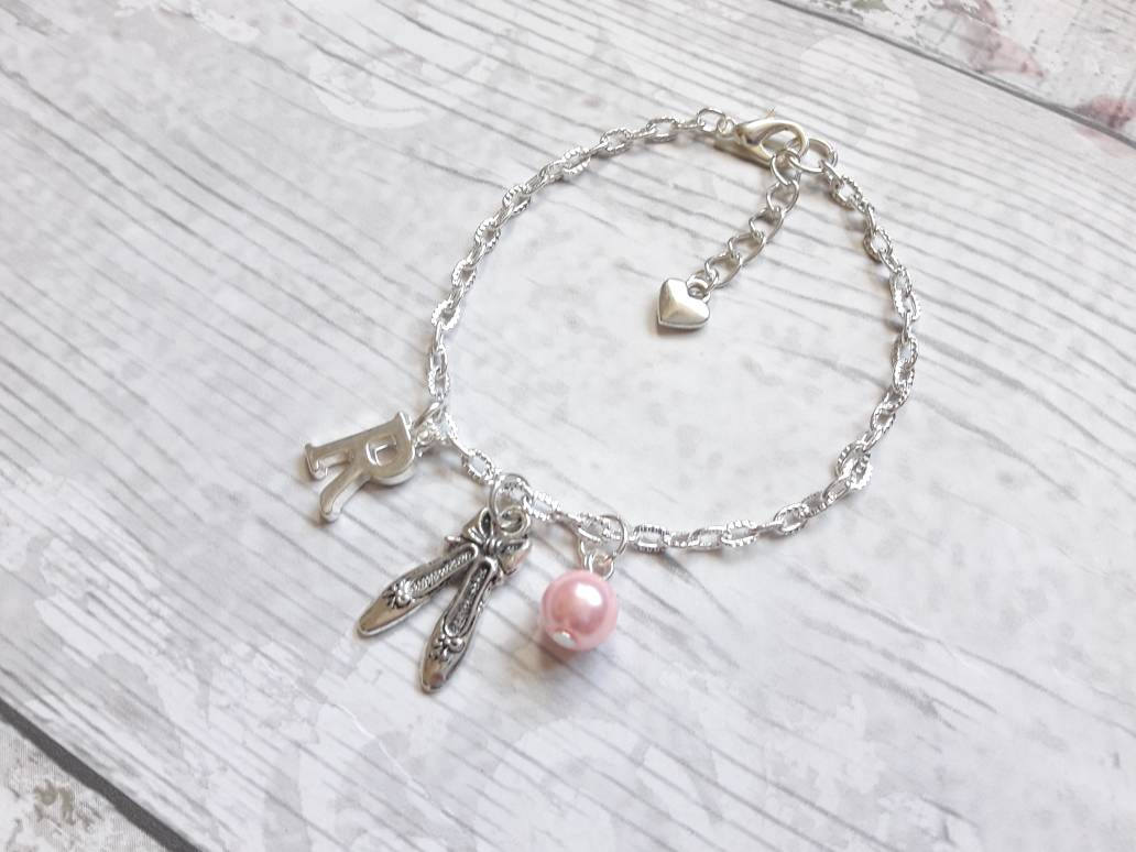 Ballet shoe bracelet, ballerina slipper jewellery, dance jewelry, personalised present, initial bracelet, dancer present, gifts for girls