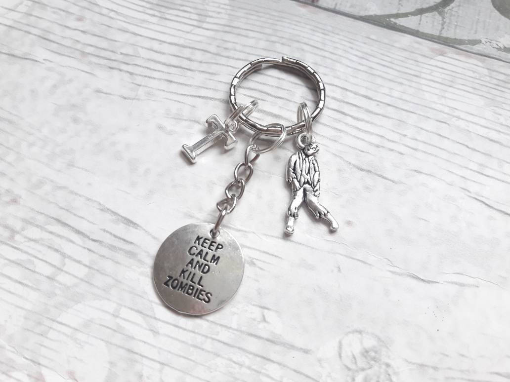 Keep calm and kill zombies keyring, zombie apocalypse keychain, zombie lover gift, personalised bagcharm, initial gift, horror keyring