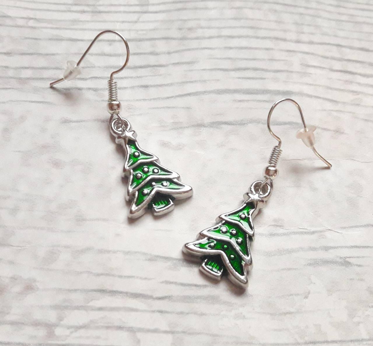 Christmas tree earrings, xmas tree jewellery, fun festive jewellery, stocking filler, holiday jewellery for kids