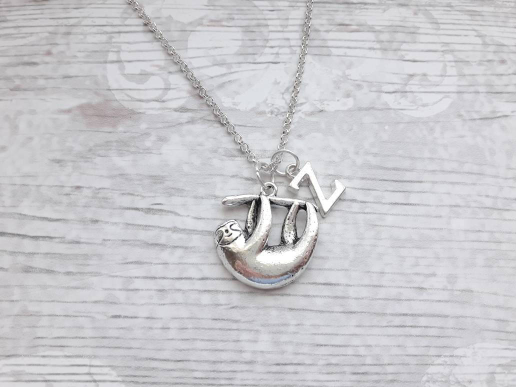 sloth necklace, personalised jewellery, personalized initial jewelry, animal necklace, cute sloth gift, sloth lover present, mothers day