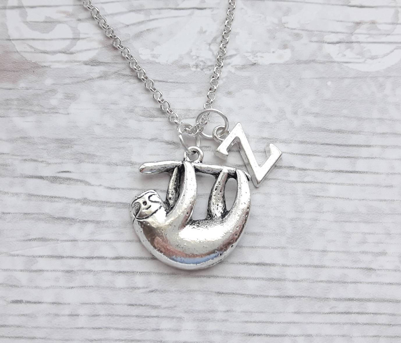 sloth necklace, personalised jewellery, personalized initial jewelry, animal necklace, cute sloth gift, sloth lover present, mothers day