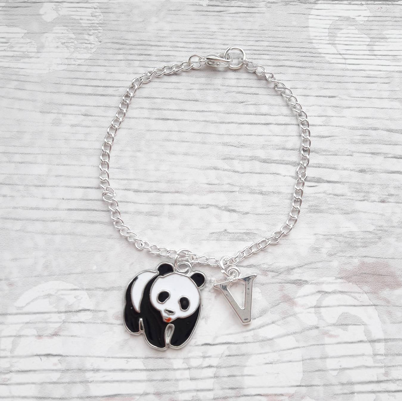 panda bracelet, personalised jewellery, personalized initial jewelry, animal bracelet, cute bear gift, panda lover present, mothers day