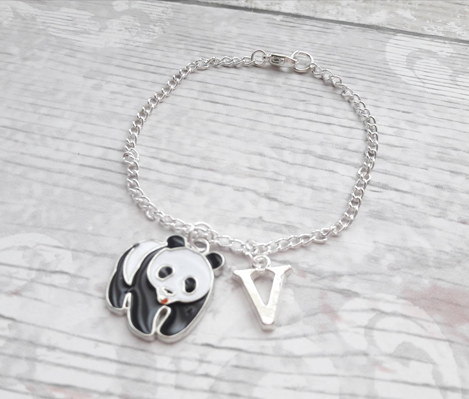 panda bracelet, personalised jewellery, personalized initial jewelry, animal bracelet, cute bear gift, panda lover present, mothers day