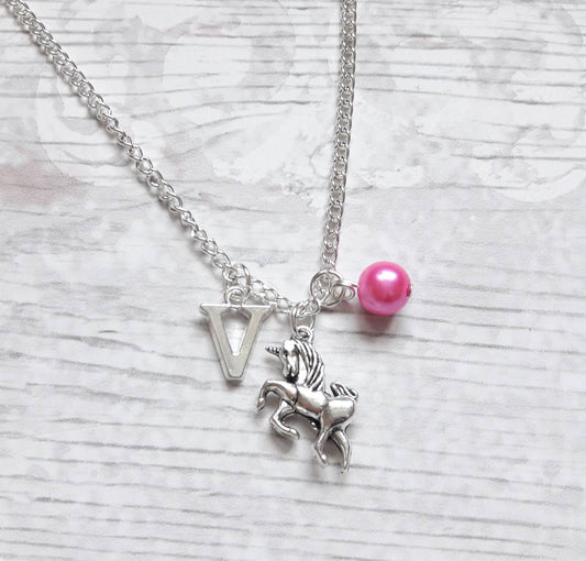 Personalised Unicorn necklace, mythical horse jewelry, initial jewellery, alphabet letter necklace, birthstone fairytale necklace