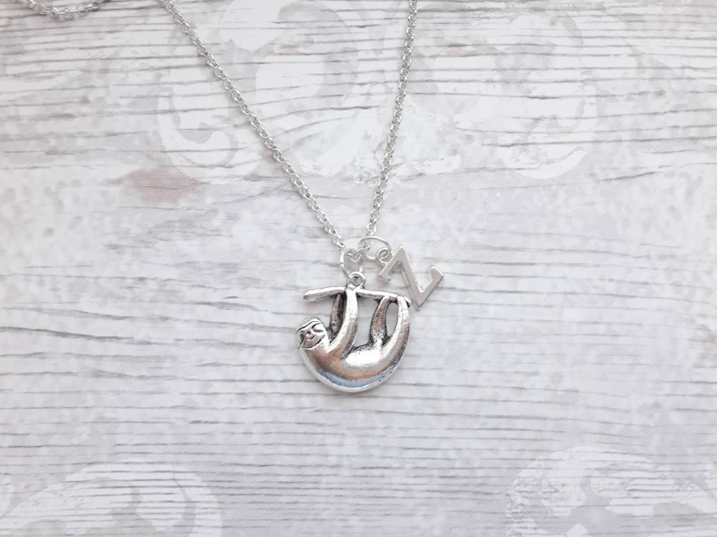 sloth necklace, personalised jewellery, personalized initial jewelry, animal necklace, cute sloth gift, sloth lover present, mothers day