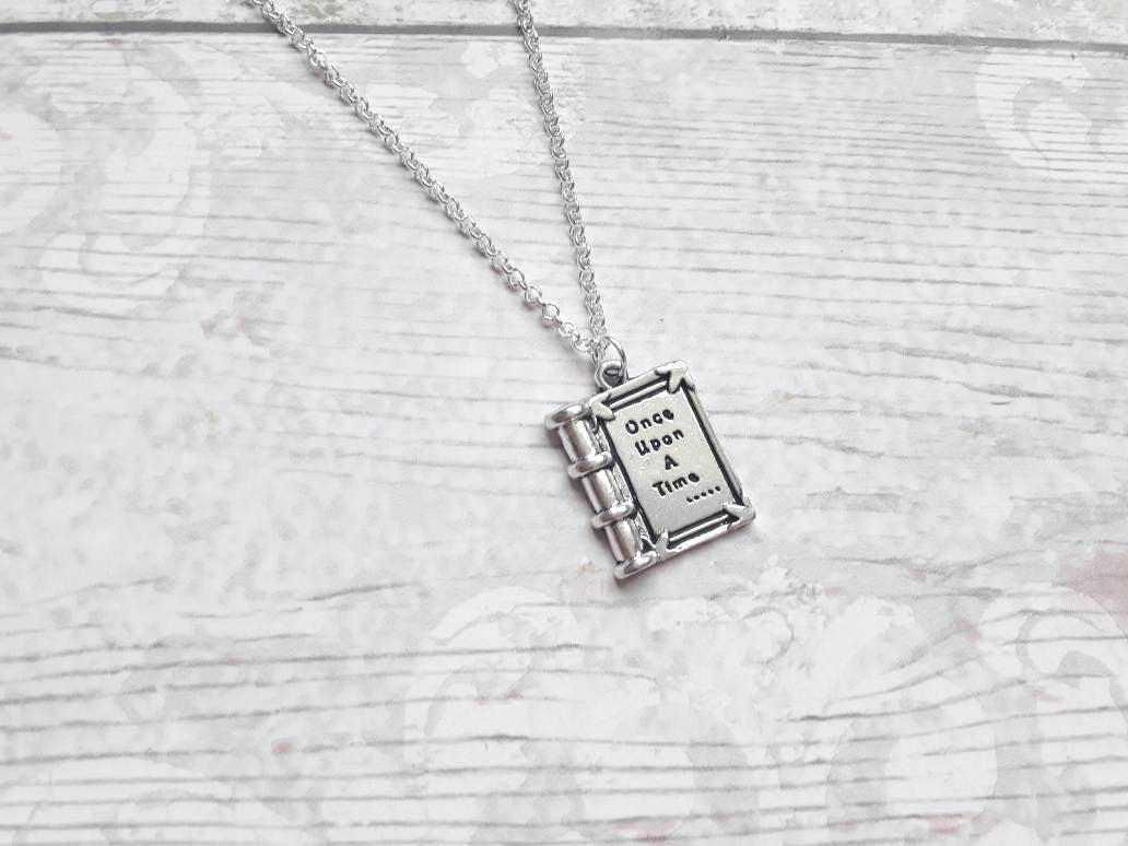 book necklace, once upon a time necklace, fairytale jewellery, fantasy jewelry, book lover gift, storybook present, initial necklace