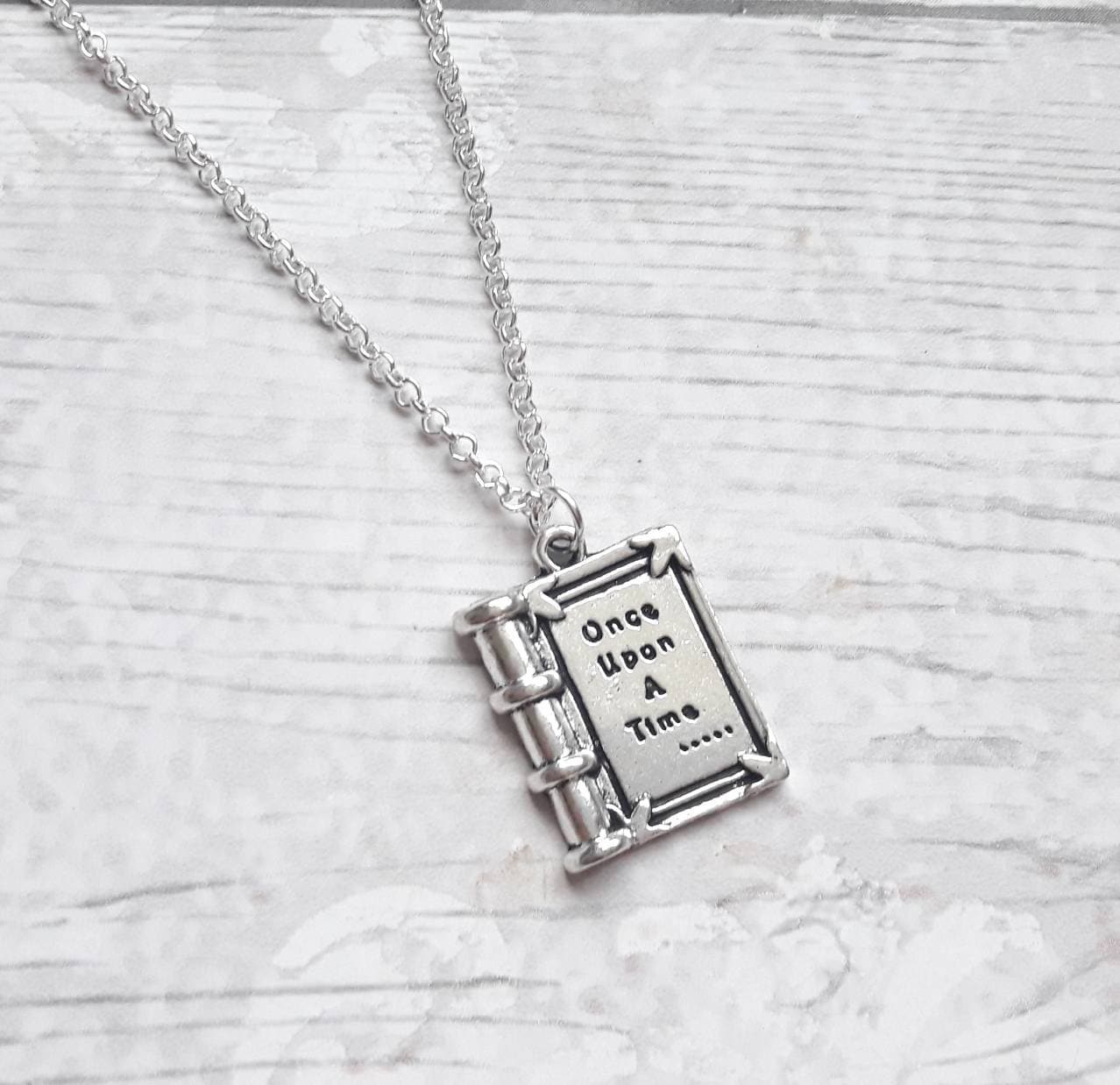book necklace, once upon a time necklace, fairytale jewellery, fantasy jewelry, book lover gift, storybook present, initial necklace