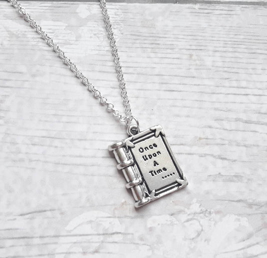 book necklace, once upon a time necklace, fairytale jewellery, fantasy jewelry, book lover gift, storybook present, initial necklace