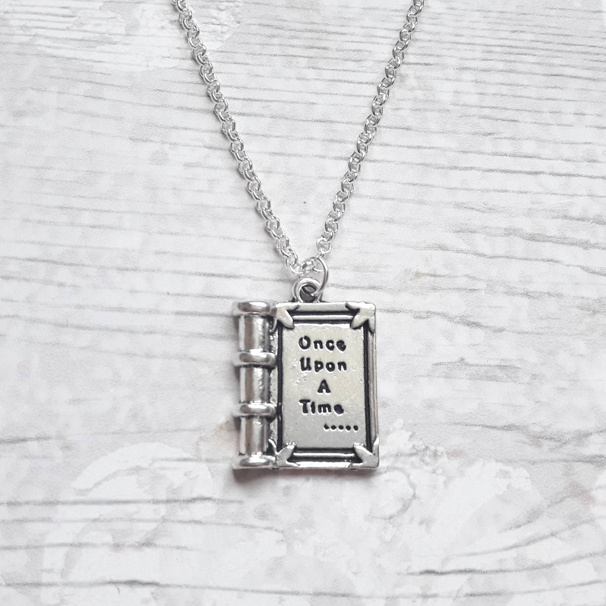book necklace, once upon a time necklace, fairytale jewellery, fantasy jewelry, book lover gift, storybook present, initial necklace