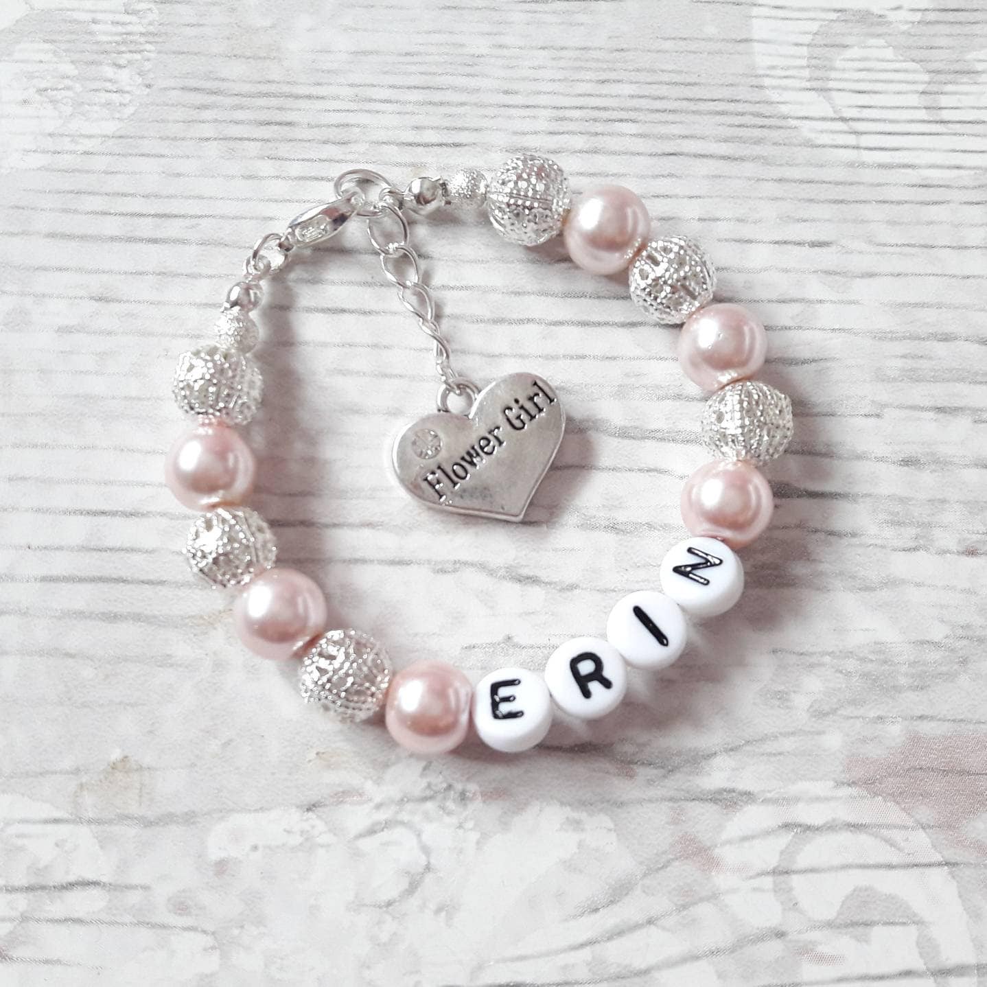 flower girl bracelet, bridesmaid bracelet, name wedding bracelet, personalised jewellery, maid of honour gift, thankyou present