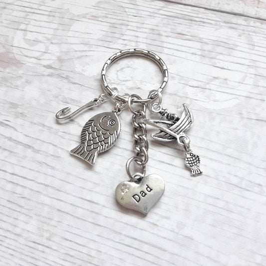 Fishing keyring, fisherman keychain, fish hook bagcharm, fathers day present, dad keyring, anglers keyring, finishing jewellery. daddy gift