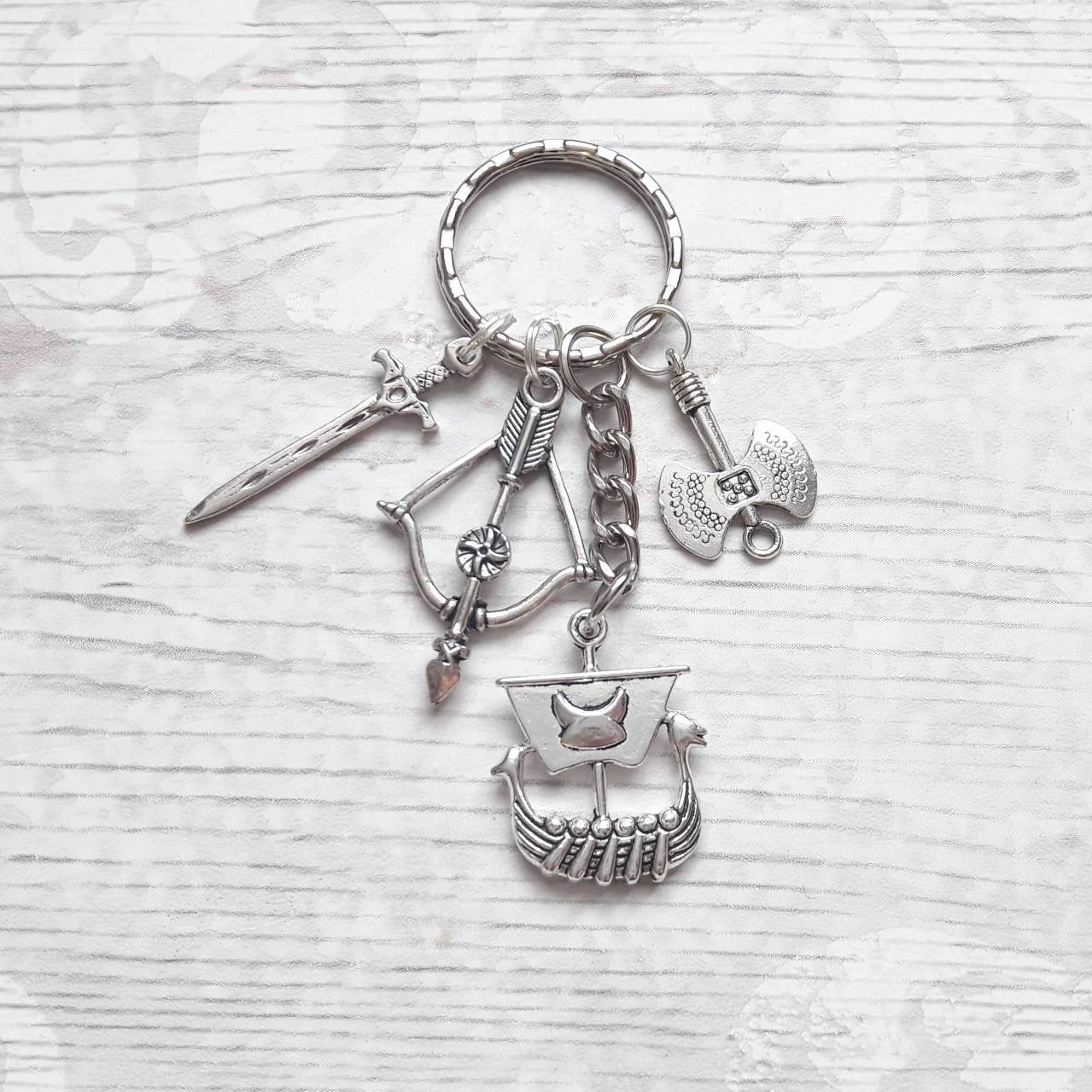 vikings keyring, Viking ship keychain, history geek gift, travellers present, Norse keyring, crossbow accessory, pagan keyring, nerd gift
