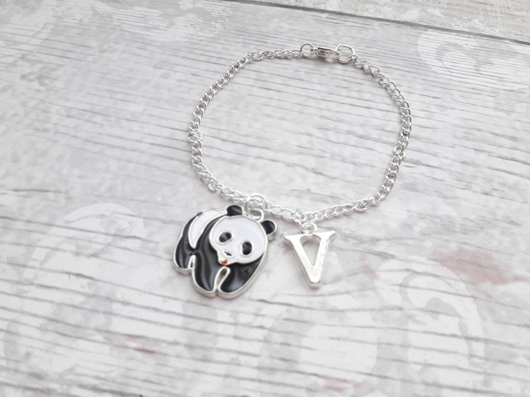 panda bracelet, personalised jewellery, personalized initial jewelry, animal bracelet, cute bear gift, panda lover present, mothers day