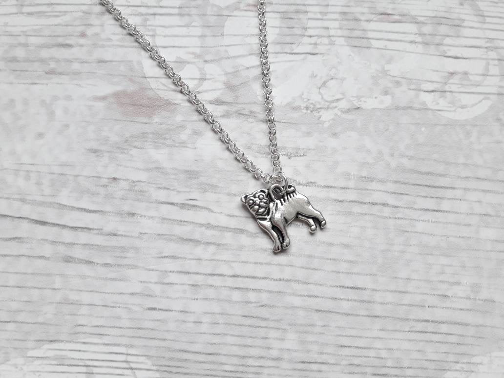 pug necklace, dog necklace, initial jewellery, personalized jewelry, cute pet gift, animal lover, doggy present, pug pendant, gifts for kids