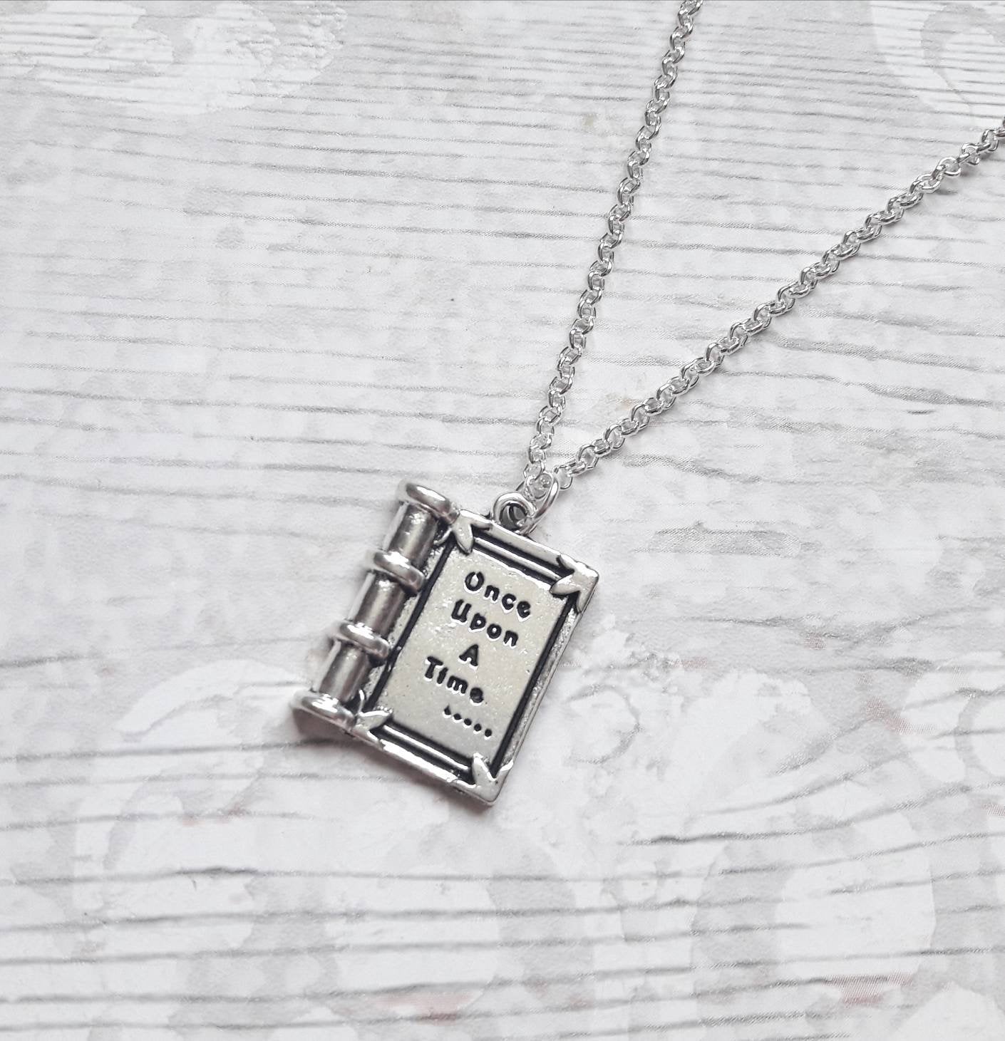 book necklace, once upon a time necklace, fairytale jewellery, fantasy jewelry, book lover gift, storybook present, initial necklace